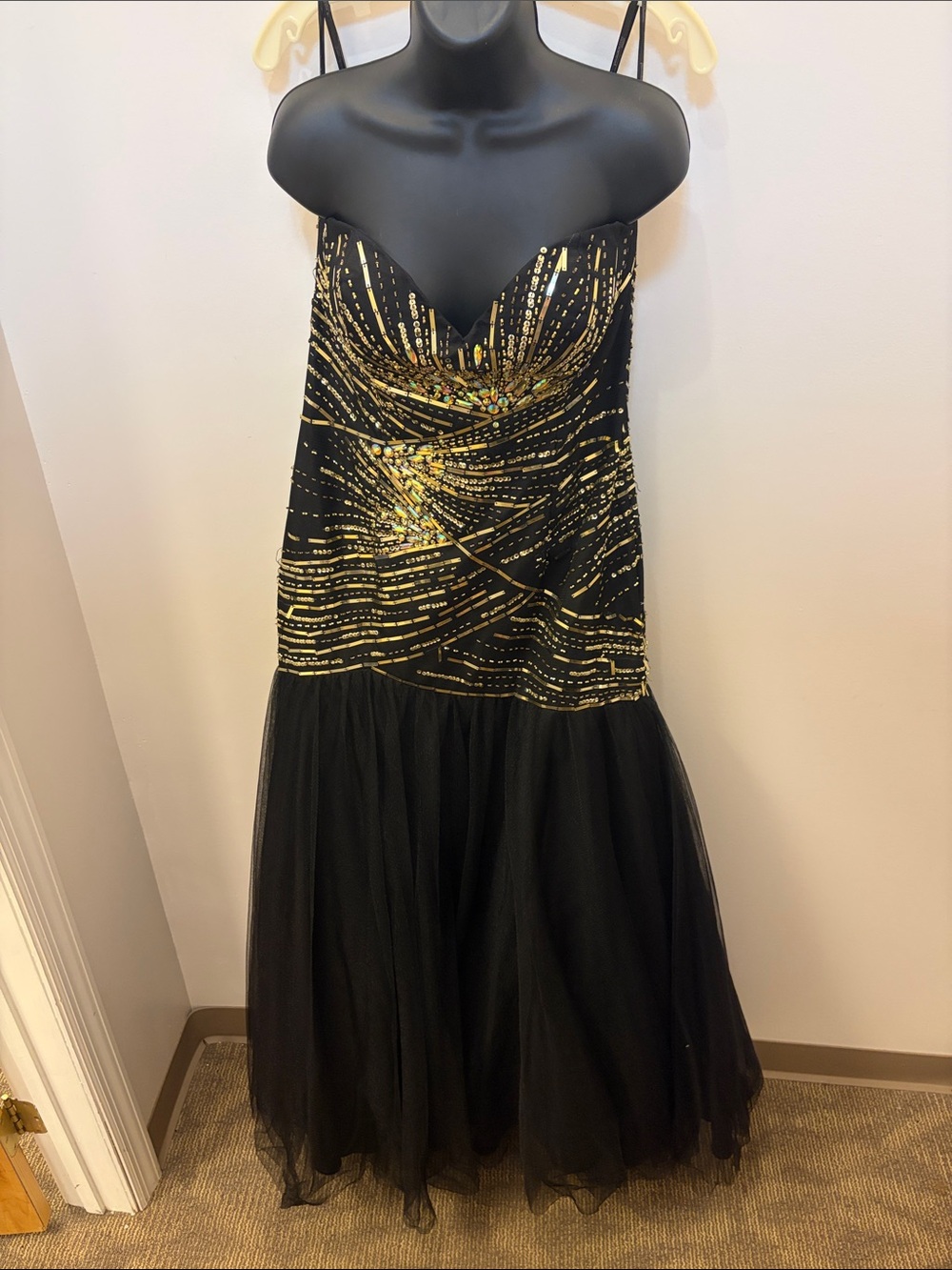 Black & Gold Sequin Prom Dress with Tulle Skirt